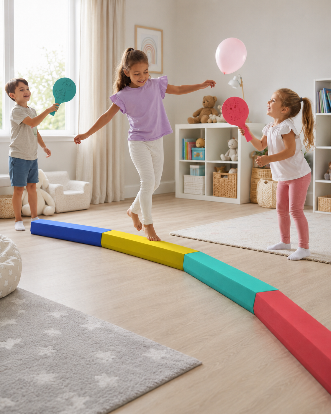 Kinder balancieren im Kinderzimmer über bunte Schaumstoff Balken und spielen dabei mit Schaumschlägern und Luftballon