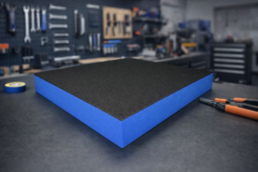 Schaumstoff Zuschnitt für Werkzeugeinlagen aus PE Schaumstoff in Blau Schwarz für Werkstatt, Handwerk und Industrie