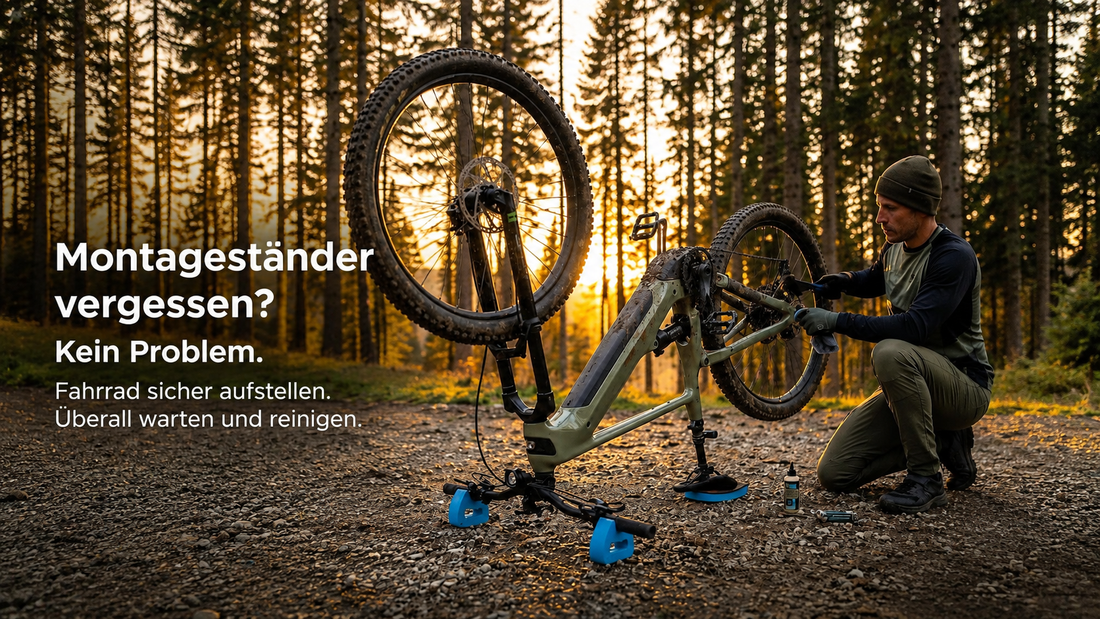 Fahrrad Butler im Einsatz: Mountainbike sicher auf dem Kopf aufgestellt für Wartung, Reinigung und Reparaturen ohne Montageständer.