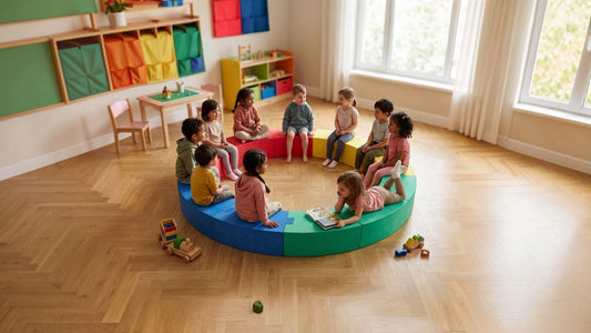 Modularer Sitzkreis aus bunten Schaumstoffelementen mit Kindern in einem hellen Kita Raum zum Sitzen, Spielen und Bewegen.