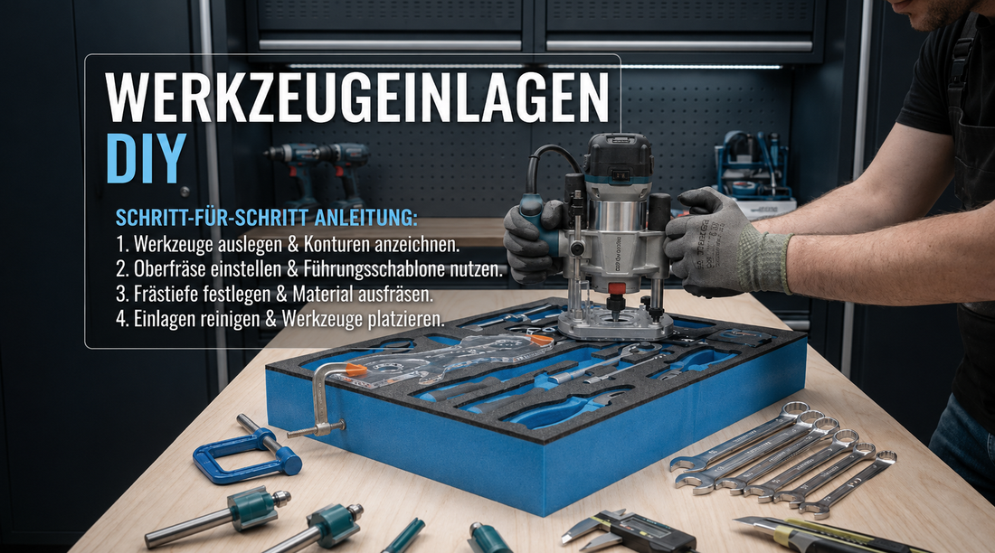 Werkzeugeinlagen aus Schaumstoff selber fräsen mit einer Oberfräse. Schritt für Schritt DIY Anleitung zum Erstellen passgenauer Shadow Foam Einlagen für Werkzeugkoffer und Werkstatt.