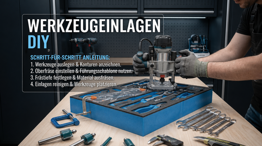 Werkzeugeinlagen aus Schaumstoff selber fräsen mit einer Oberfräse. Schritt für Schritt DIY Anleitung zum Erstellen passgenauer Shadow Foam Einlagen für Werkzeugkoffer und Werkstatt.