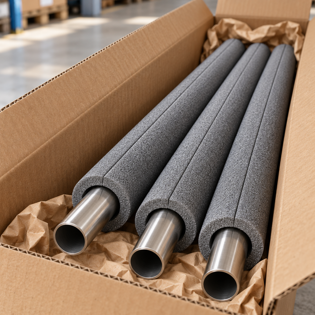 Drei Metallrohre mit grauen NOMAPACK® O SLIT 22-9 Schaumstoffprofilen als Transportschutz in einem mit Packpapier ausgepolsterten Karton.