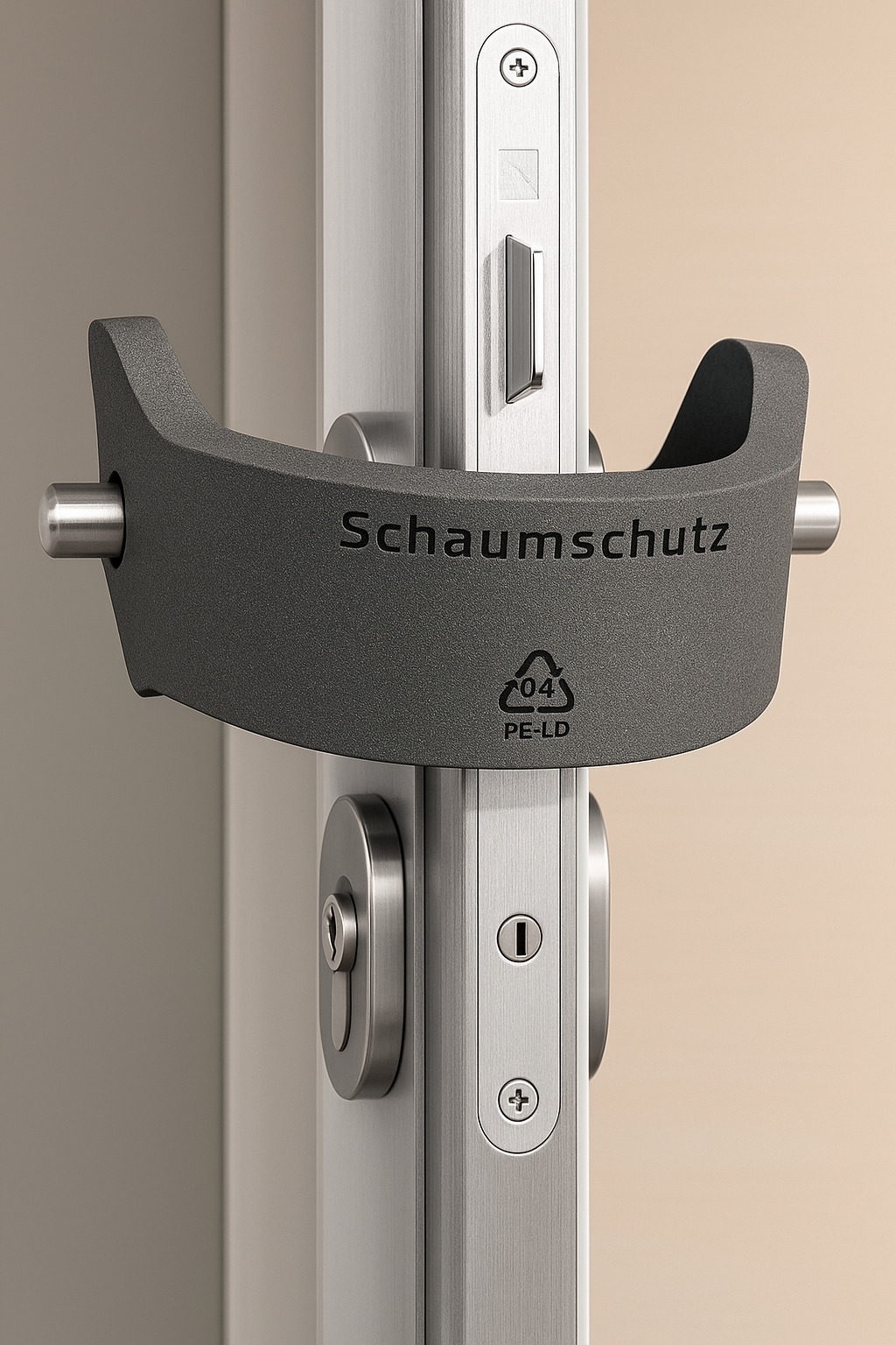 Tür-Klemmschutz aus PE-Schaum am Türgriff – verhindert Zufallen und Zuknallen, ideal zum Spaltlüften.