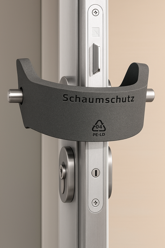Tür-Klemmschutz aus PE-Schaum am Türgriff – verhindert Zufallen und Zuknallen, ideal zum Spaltlüften.