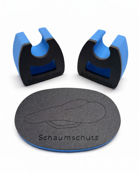 Fahrrad-Butler Abstellset aus Schaumstoff mit einklipsbaren Lenkerauflagen oder Lenkerständer und Sattelunterlage