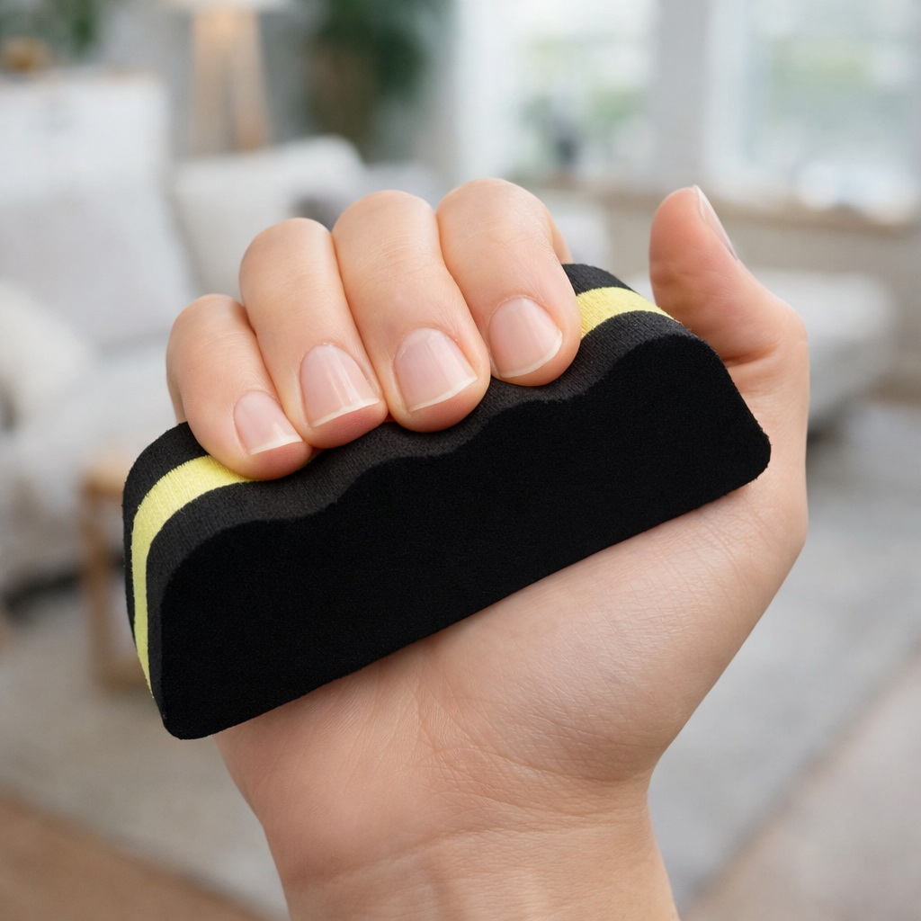 Hand hält ergonomischen Handtrainer Fingertrainer aus EVA-Schaumstoff – Griffkraft Training und Stressabbau im Alltag