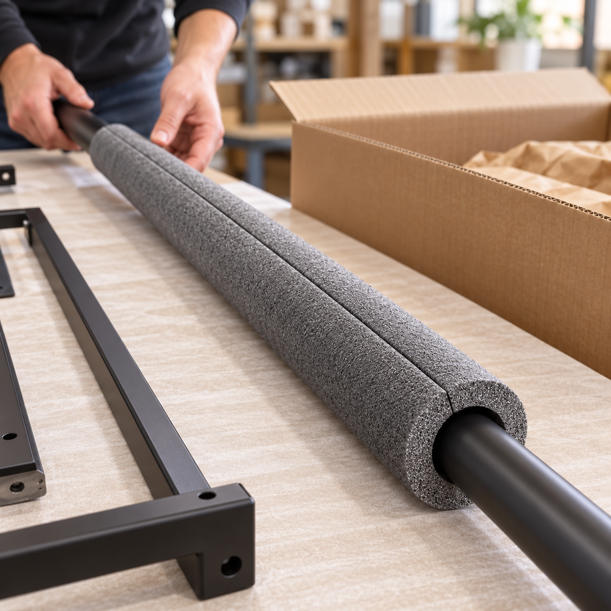 Graues NOMAPACK® O SLIT 22-9 Schutzprofil um ein schwarzes Möbelrohr beim Verpacken neben einem offenen Versandkarton.