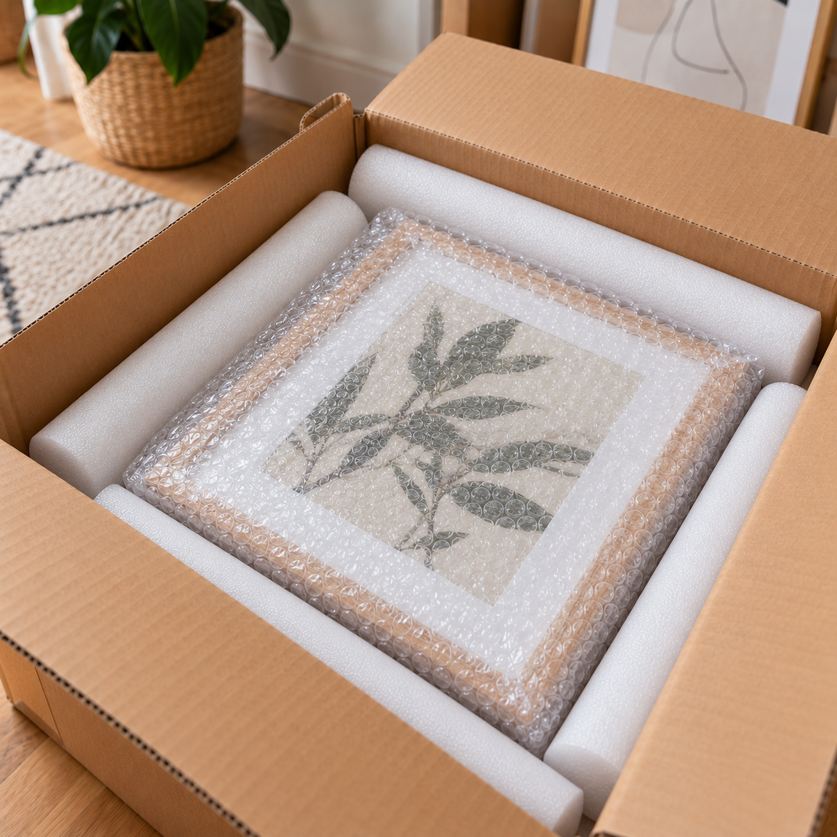 Bilderrahmen sicher in Luftpolsterfolie verpackt, mit NOMAPACK® R 100 PE Schaumstoff Rundprofilen als Abstandhalter und Transportschutz im Versandkarton.