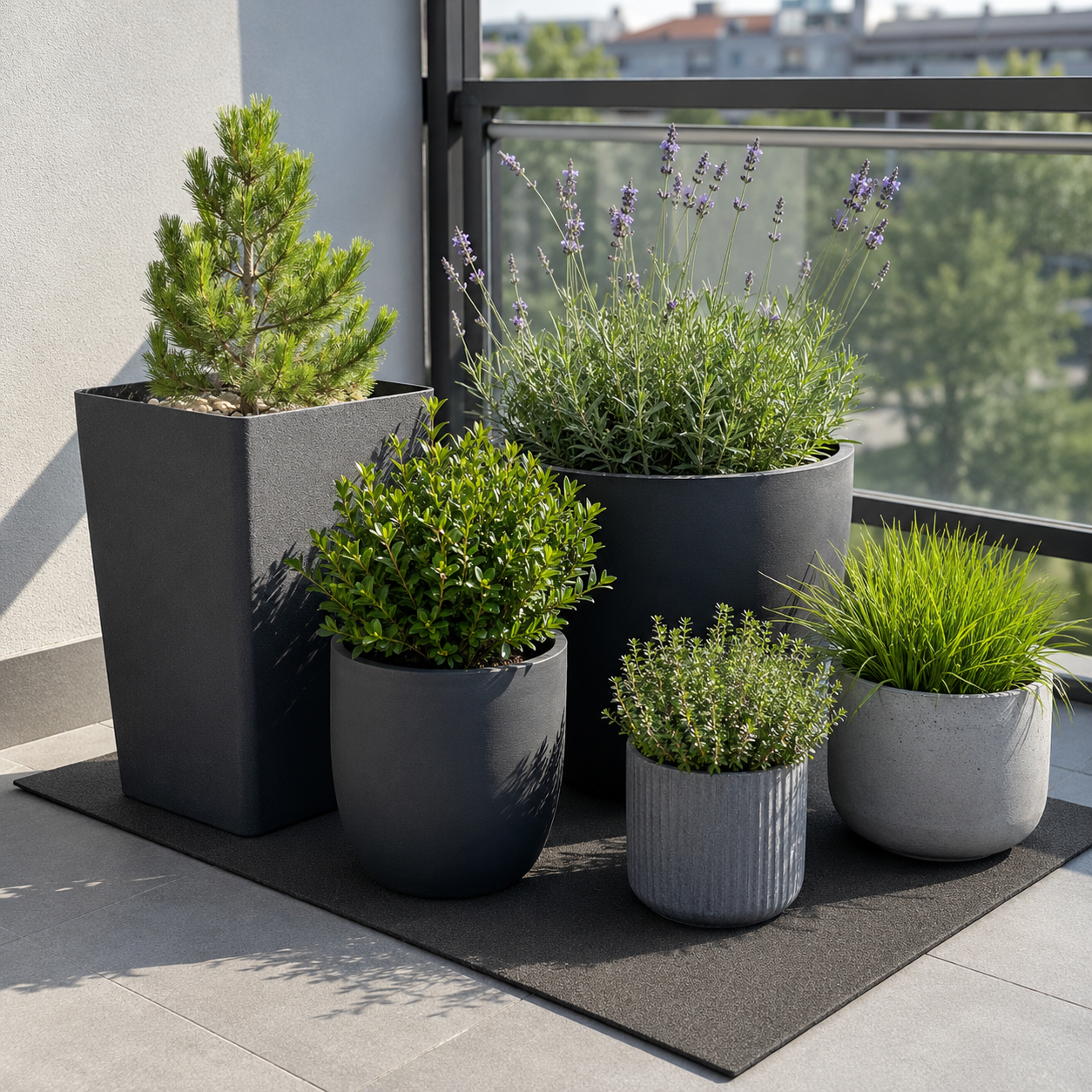 Universelle XPE Schaumstoffmatte als wasserabweisende Schutzmatte unter Blumenkübeln auf dem Balkon