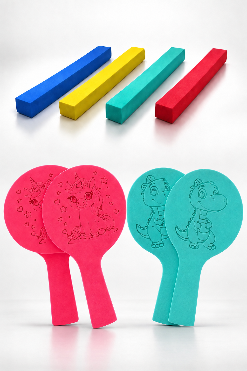 Bewegungsset für Kinder mit 4 Balancierbalken und Schaumschlägern im Einhorn und Dino Design