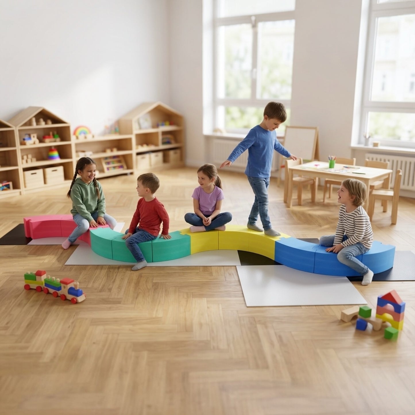 Kinder spielen auf modularem Schaumstoff Spielsystem in Wellenform ideal für Kita und Bewegung
