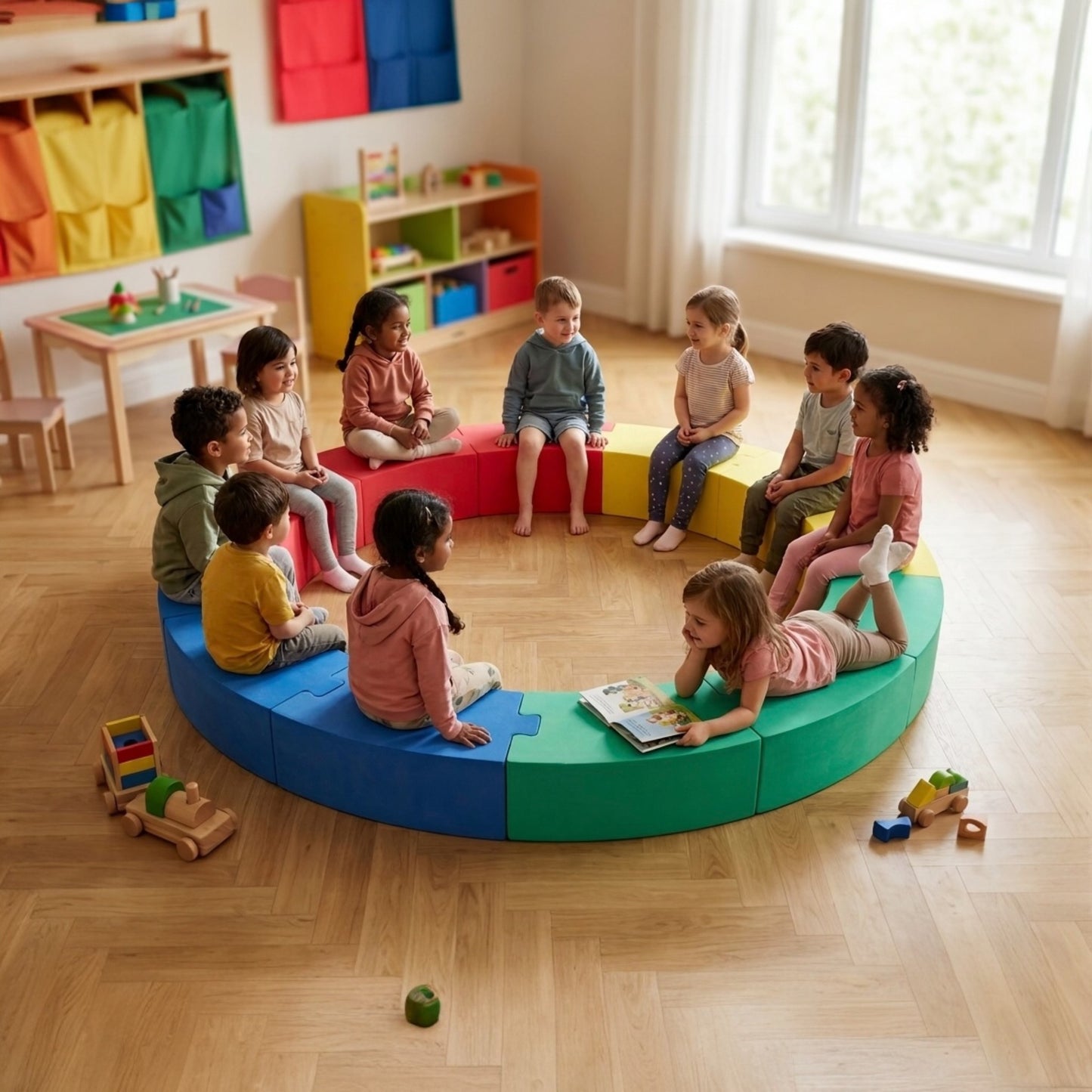 Kinder sitzen im bunten Sitzkreis aus Schaumstoff ideal für Kita Schule und Gruppenarbeit