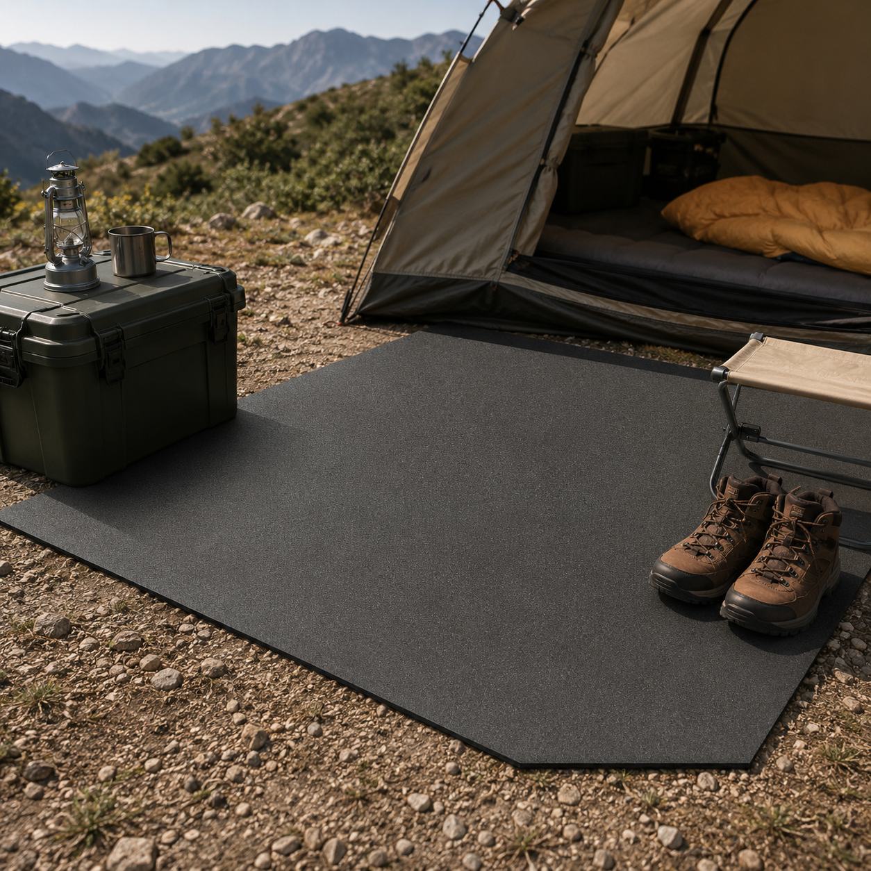 Universelle XPE Schaumstoffmatte als isolierende Camping Unterlage vor dem Zelt im Outdoor Einsatz