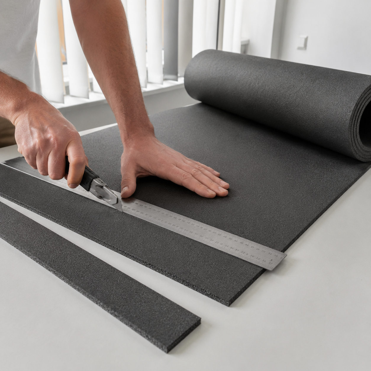 Universelle XPE Schaumstoffmatte einfach zuschneidbar mit Cutter und Lineal auf weißem Tisch