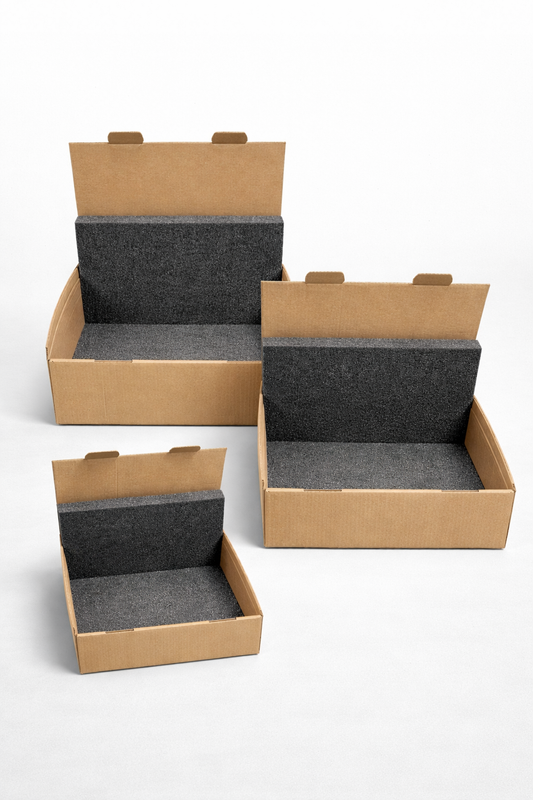 Schaumstoff Zuschnitte für Versandkartons S M und L zur stoßdämpfenden Verpackung und sicheren Polsterung empfindlicher Versandprodukte