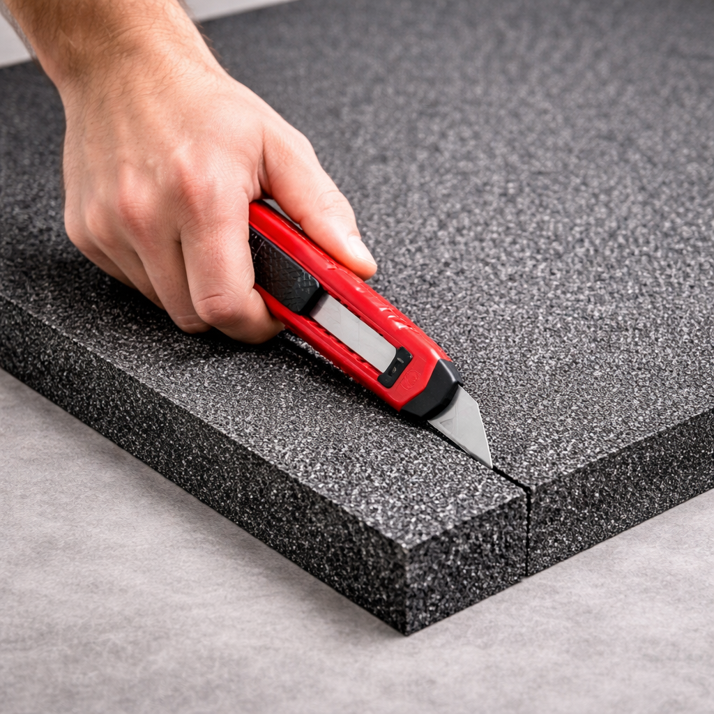 Zuschneidbarer Verpackungsschaumstoff wird mit Cuttermesser bearbeitet für passgenaue Polsterung im Versandkarton