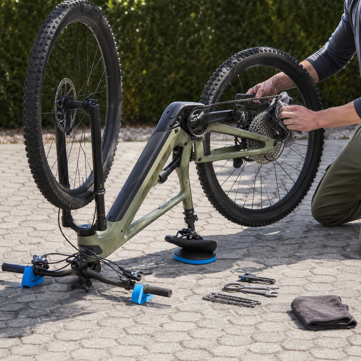 Fahrrad Butler Schaumstoff Abstellset schützt Lenker und Sattel, während ein E Bike kopfüber mit Reifenpanne, Kettenpflege oder Wartung repariert wird