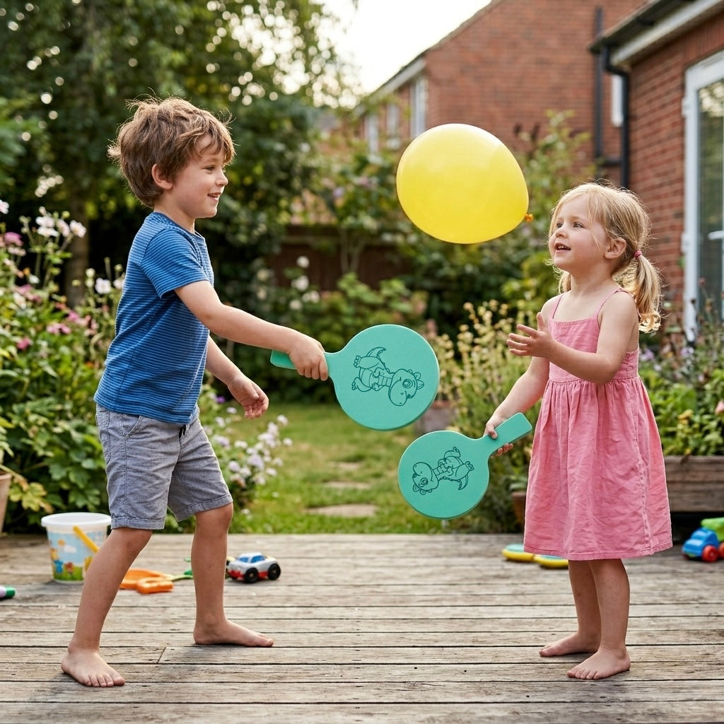 Zwei Kinder spielen im Garten mit Schlägern und einem gelben Ballon