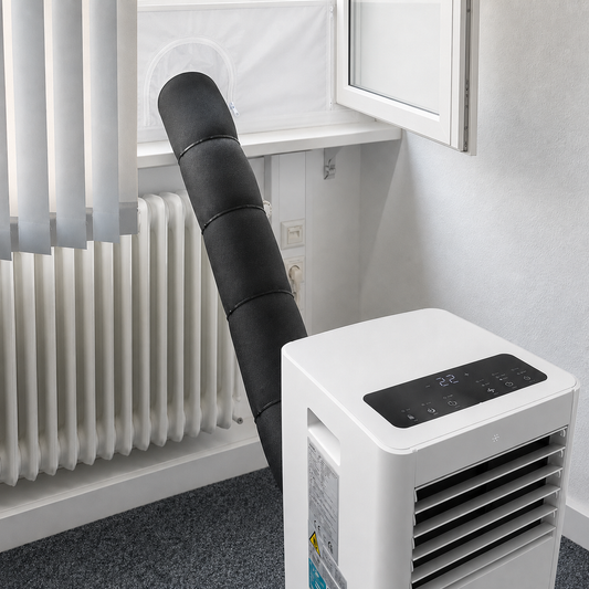 Universelle XPE Schaumstoffmatte zur Dämmung des Abluftschlauchs einer mobilen Klimaanlage am abgedichteten Fenster